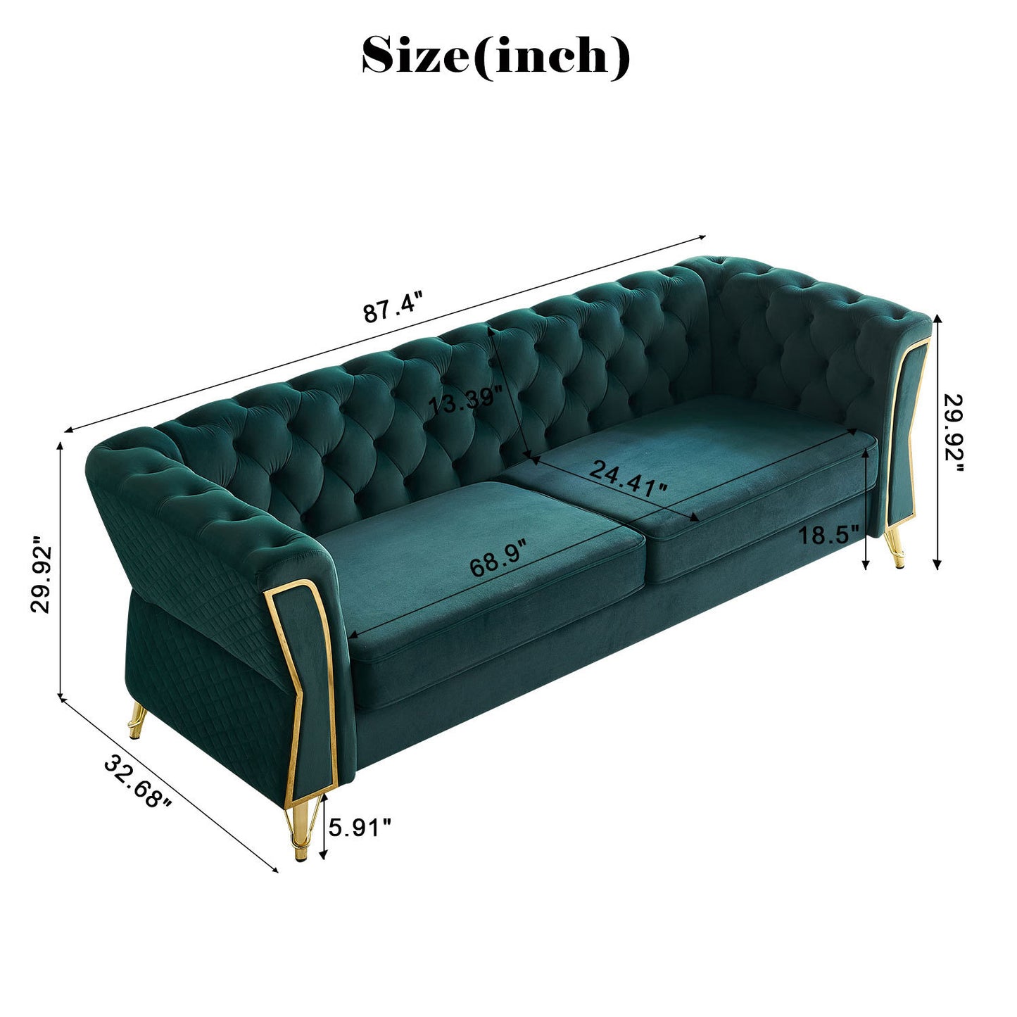 Modern Tufted Velvet Sofa 87.4 inch for Living Room Green Color