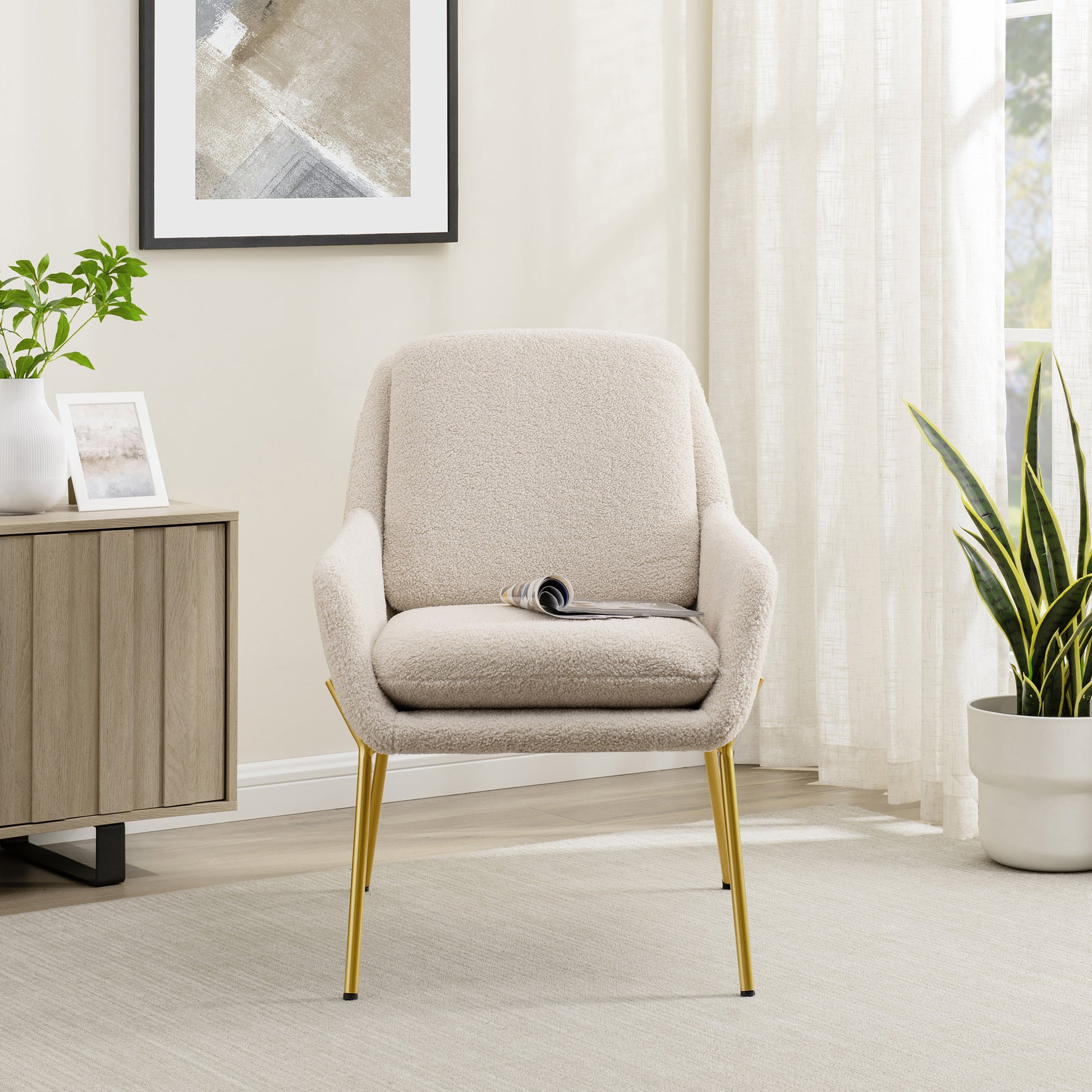 Contemporary Upholstered Boucle Minimalist Accent Chair – Cream / Gold