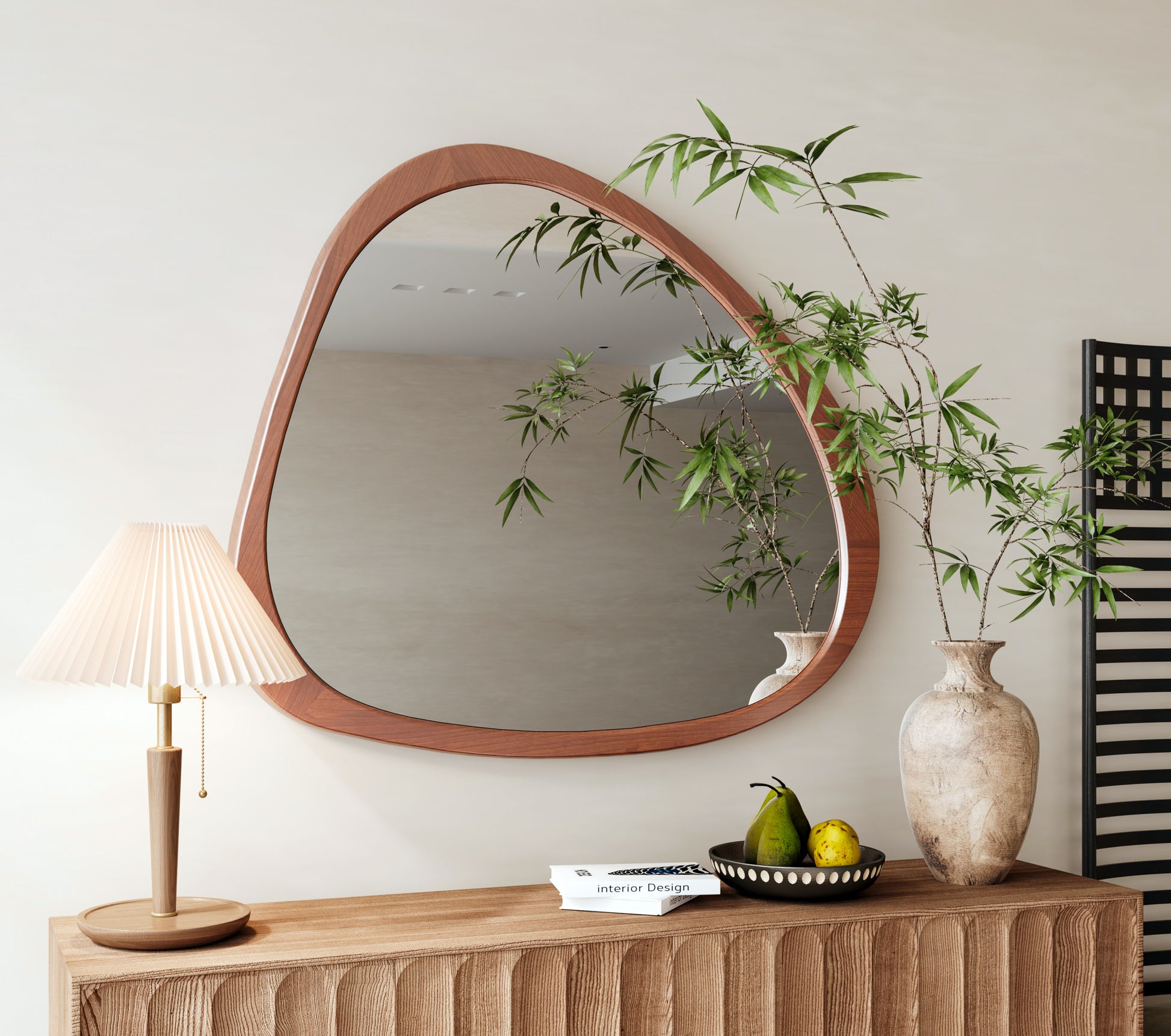 Solid Wood Mirror 45 Inch Asymmetrical Wall Mirror Wooden Framed Mirror Large Sized Dressing Mirror, for Living Room, Bedroom, Bathroom, Hallway or Entry Way