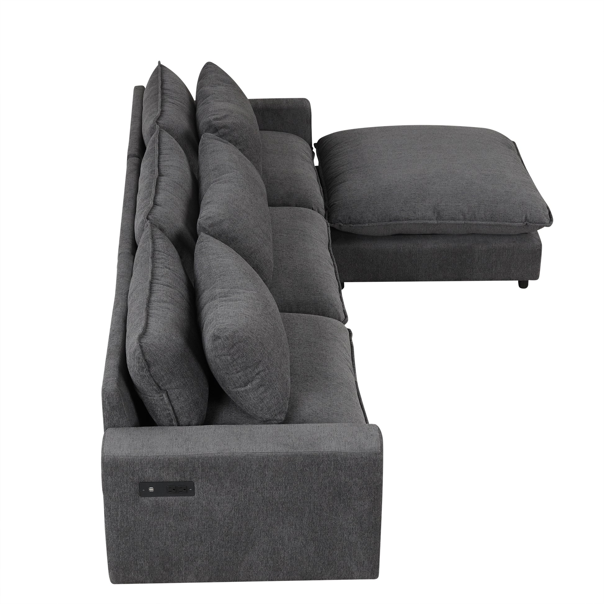 128" Sectional Sofa Cloud Sofa Chenille Upholstered Sofa  Couch with Movable Ottoman, Comfortable Seat Cushions, Charging Ports and Three Back Pillows for Living Room, Grey