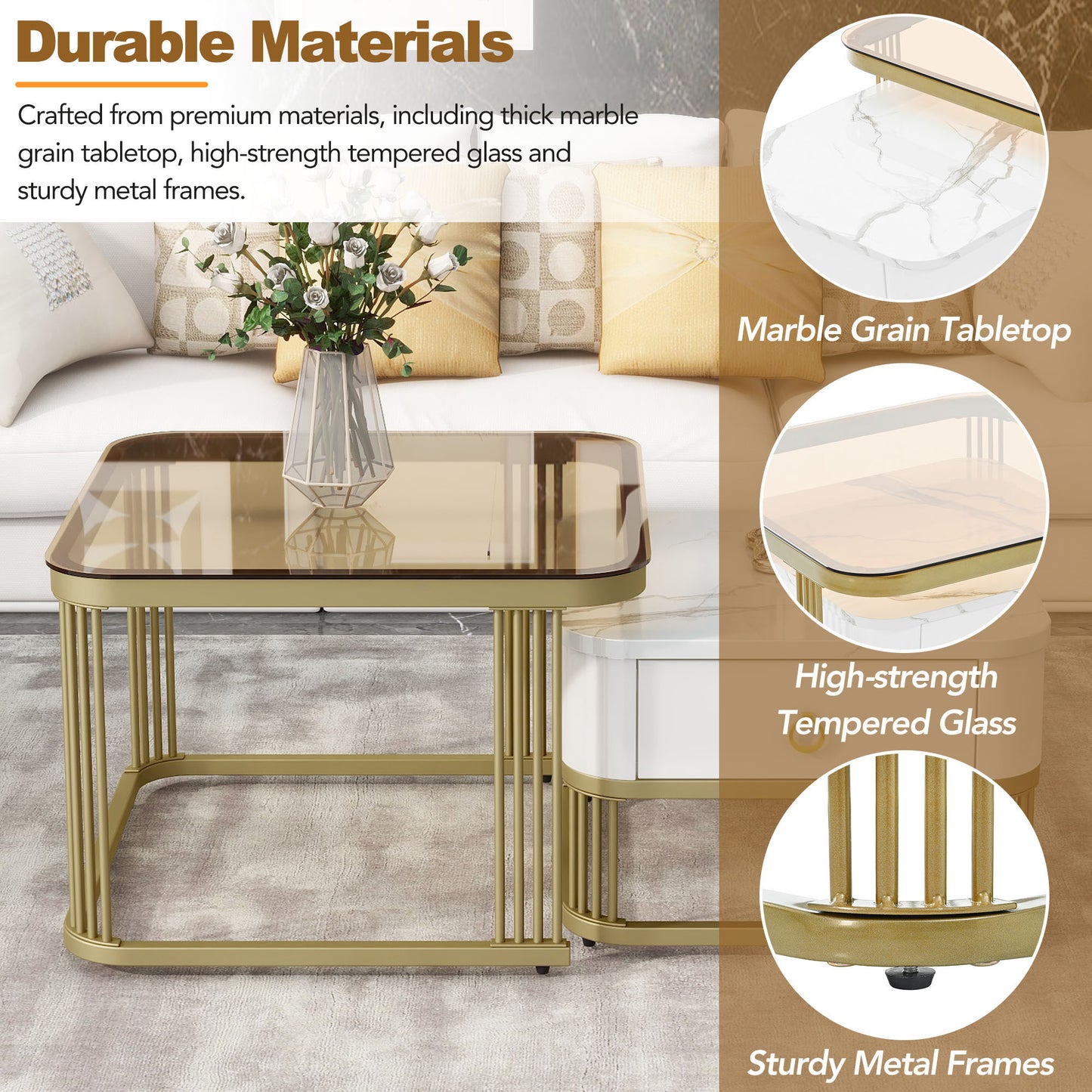 ON-TREND Nesting Coffee Table with Drawer, Set of 2, Exquisite Square Stacking Coffee Tables with Brown Tempered Glass, Side Table with High Gloss Marble Grain Tabletop for Living Room, White