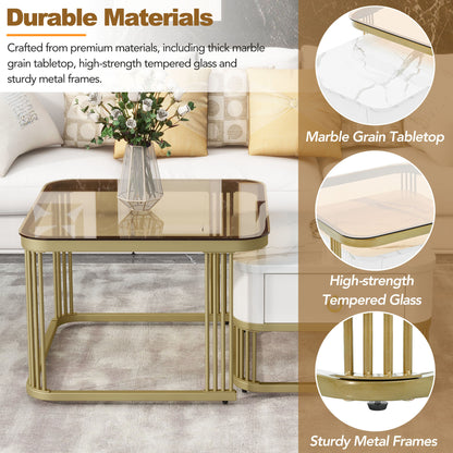 ON-TREND Nesting Coffee Table with Drawer, Set of 2, Exquisite Square Stacking Coffee Tables with Brown Tempered Glass, Side Table with High Gloss Marble Grain Tabletop for Living Room, White