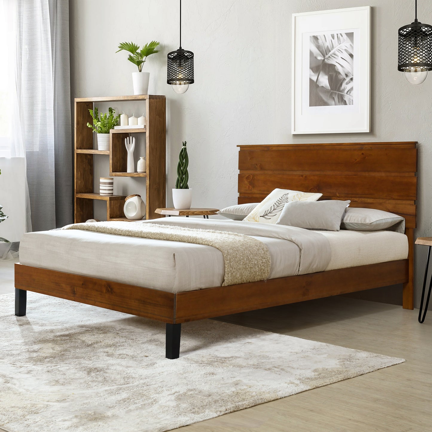 Mid-Century Modern Solid Wood Bed Frame Queen Size Platform Bed with Three-Piece Headboard Design, No Box Spring Needed, Brown