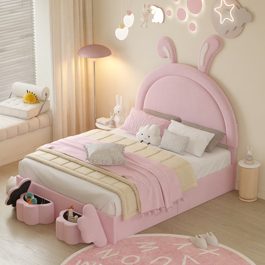 Full size Upholstered Rabbit-Shape Bed with 2 Storage Stools, Velvet Platform Bed with Cartoon Ears Shaped Headboard, Pink