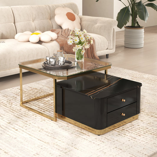 Modern 2 Pieces Black  Square Nesting  Coffee Table with Drawers & Electroplated gold legs in 27.6''