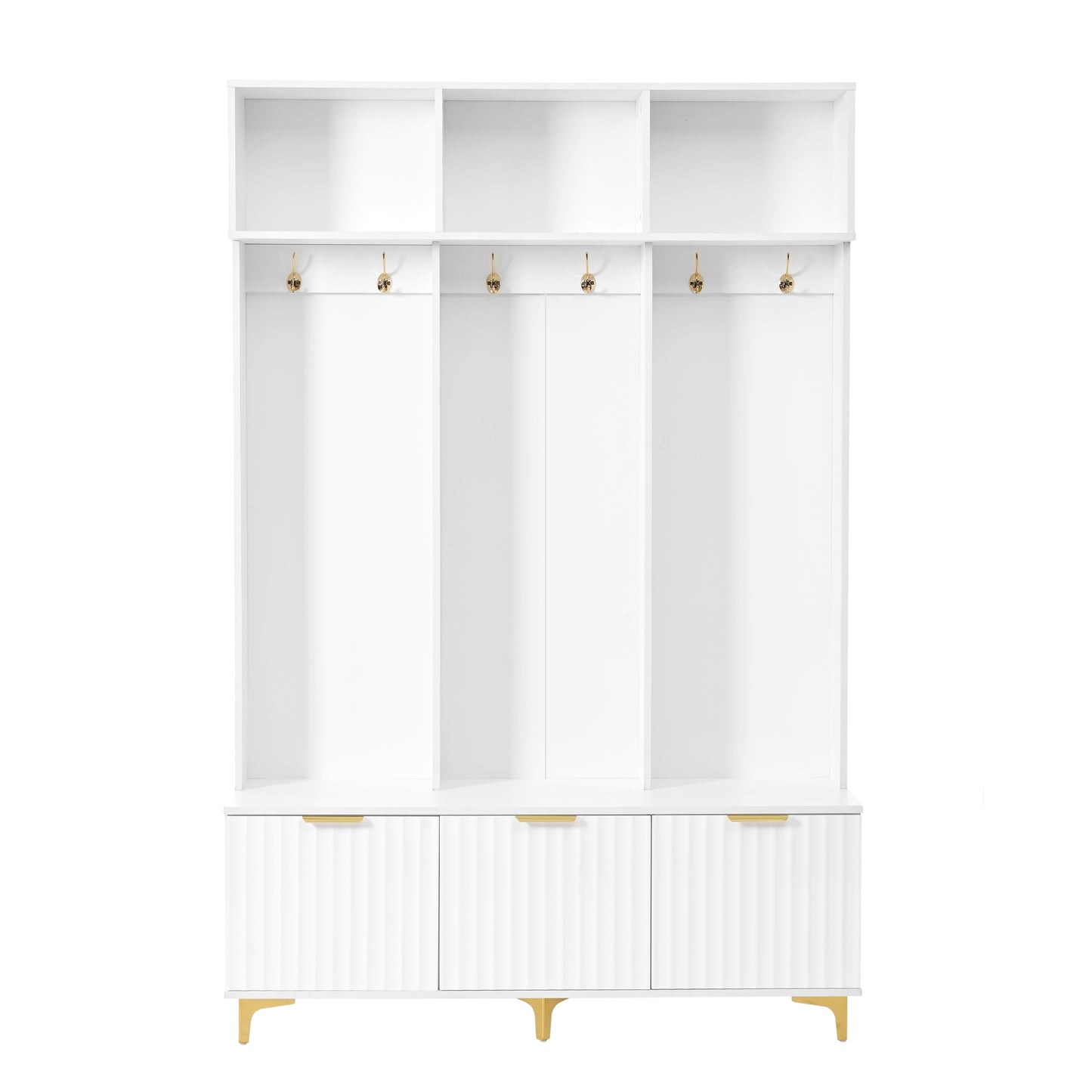 ON-TREND Modern Large Storage Hall Tree with Bench, Multi-functional Storage Bench with High Gloss Fluted Doors, Luxurious Coat Rack with 6 Gold Hooks and Legs for Entryway, Living Room, White