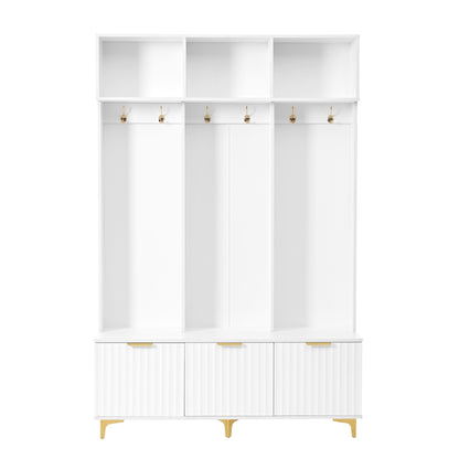 ON-TREND Modern Large Storage Hall Tree with Bench, Multi-functional Storage Bench with High Gloss Fluted Doors, Luxurious Coat Rack with 6 Gold Hooks and Legs for Entryway, Living Room, White