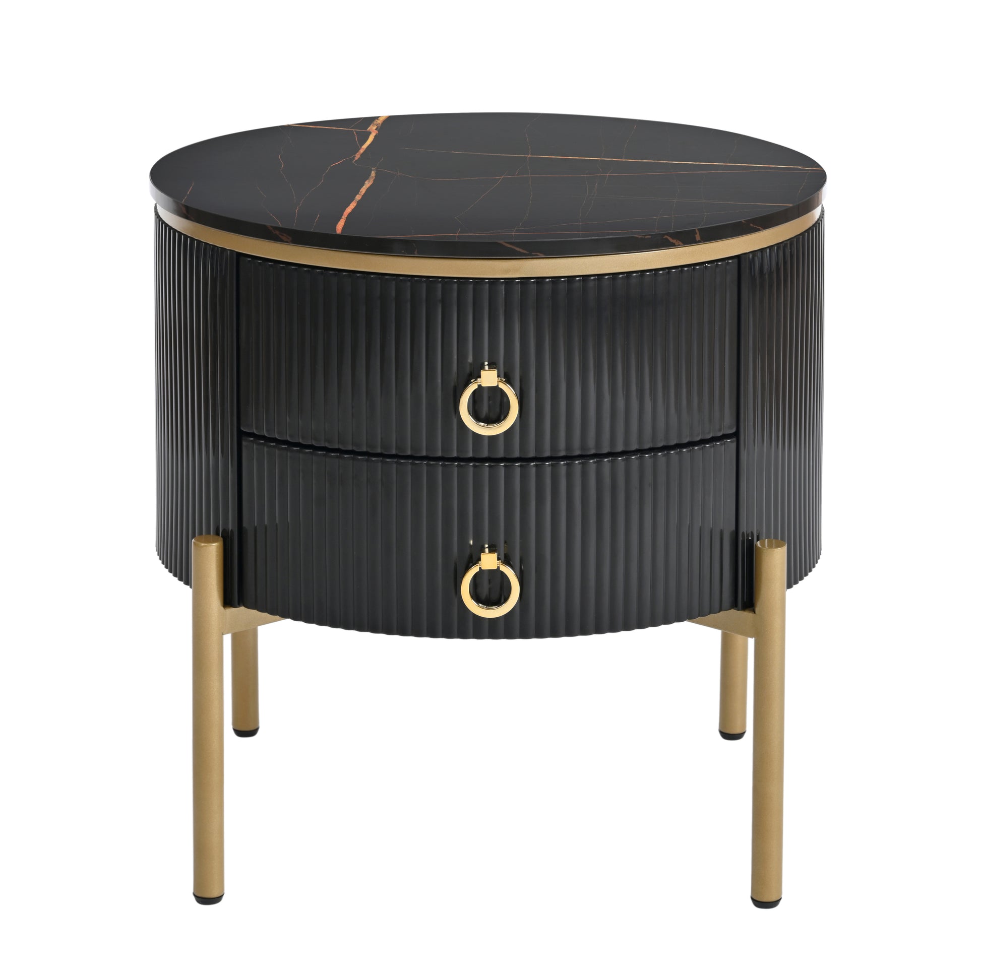 ON-TREND Φ19.6'' Easy Assembly Round End Table with Storage Drawers, Fluted Nightstand with High Gloss Faux Marble Tabletop, Modern Coffee Table with Metal Legs and Handles for Living Room, Black