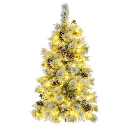 4FT Pre-Lit Spruce Snow Flocked Christmas Tree with Pine Cones, Artificial Xmas Tree with 170 Branch Tips,Mixed PE & PVC Branches, 120 Multi-Color LED Lights, 11 Flashing Modes, Holiday  Décor