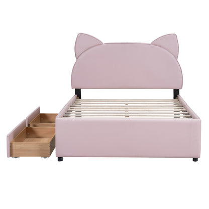 Full Size Upholstered Platform Bed with Cartoon Ears Shaped Headboard and 2 Drawers, Pink