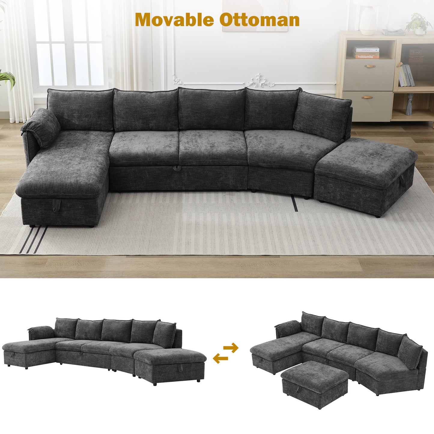 146.9" L-shaped Sofa Sectional Sofa Couch Pull-out Sofa Bed with a Movable Storage Ottoman, a Storage Chaise Lounge and Two USB Ports for Living Room, Grey