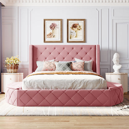 Upholstered Platform Bed Queen Size Storage Velvet Bed with Wingback Headboard and 1 Big Drawer,2 Side Storage Stool(Pink)