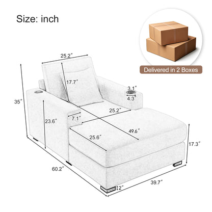 39.7" Oversized Chaise Lounger Modern Style Sofa Couch ,with Pillows, Charge Station & Cup Holders, Chenille Fabric, Cream