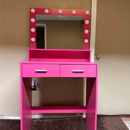 Vanity Desk with Mirror and Lights, Dressing Table with Large Drawer, 2 Level Storage Dresser & 3 Lighting Modes Adjustable Brightness, Suitable for Bedroom(Rose Pink)