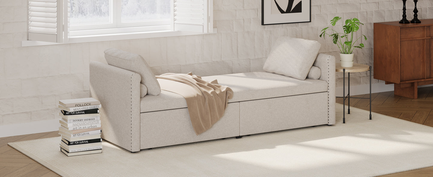 Modern Upholstered Chaise Lounger Daybed Small Single Daybed with 2 Drawers, No Mattress Needed, Perfect For Living Rooms & Home Office, Linen Fabric, Beige