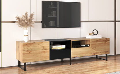 Modern TV Stand with 2 Cabinets& Open Storage Compartment, Color-matching Media Console Table for TVs up to 85'', Entertainment Center with Drop Down Door for Living Room, Bedroom, Home Theatre