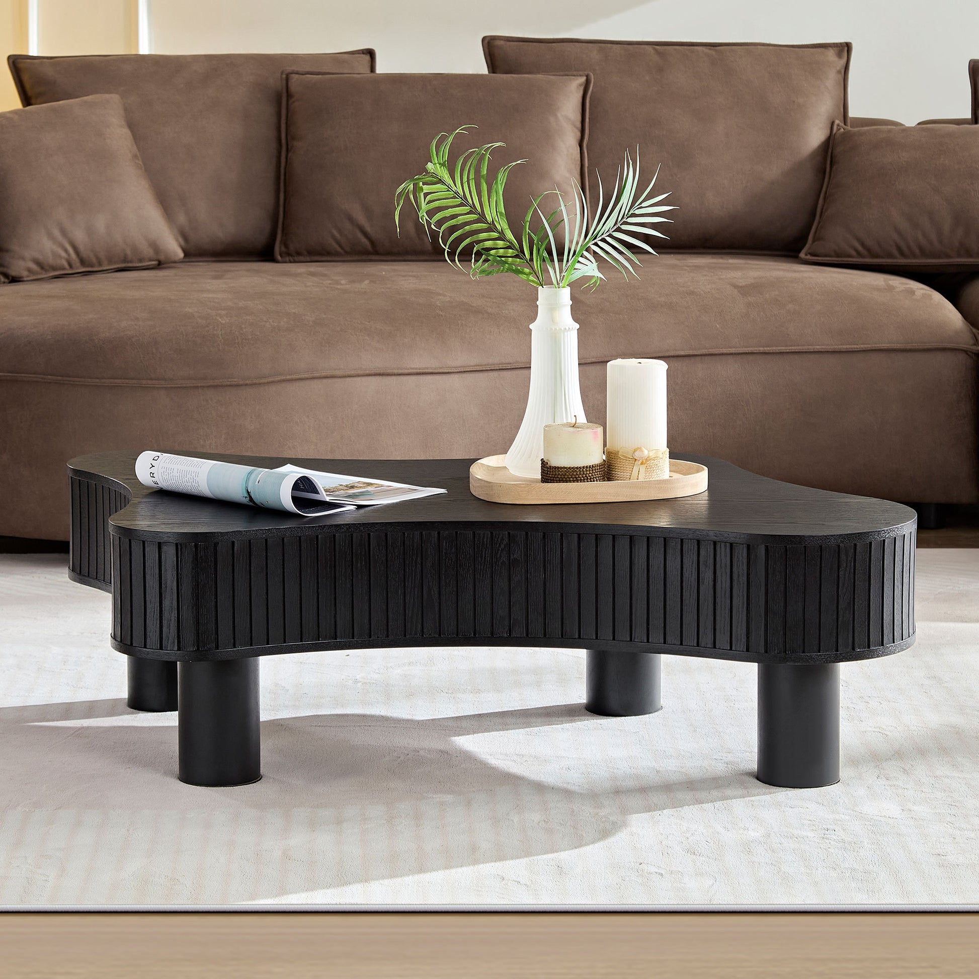 42.52 Inch Modern Wooden Handcraft Drum Coffee Table Irregular Shaped Coffee Table for Living Room,Small Coffee Table with Sturdy Pedestal,Black