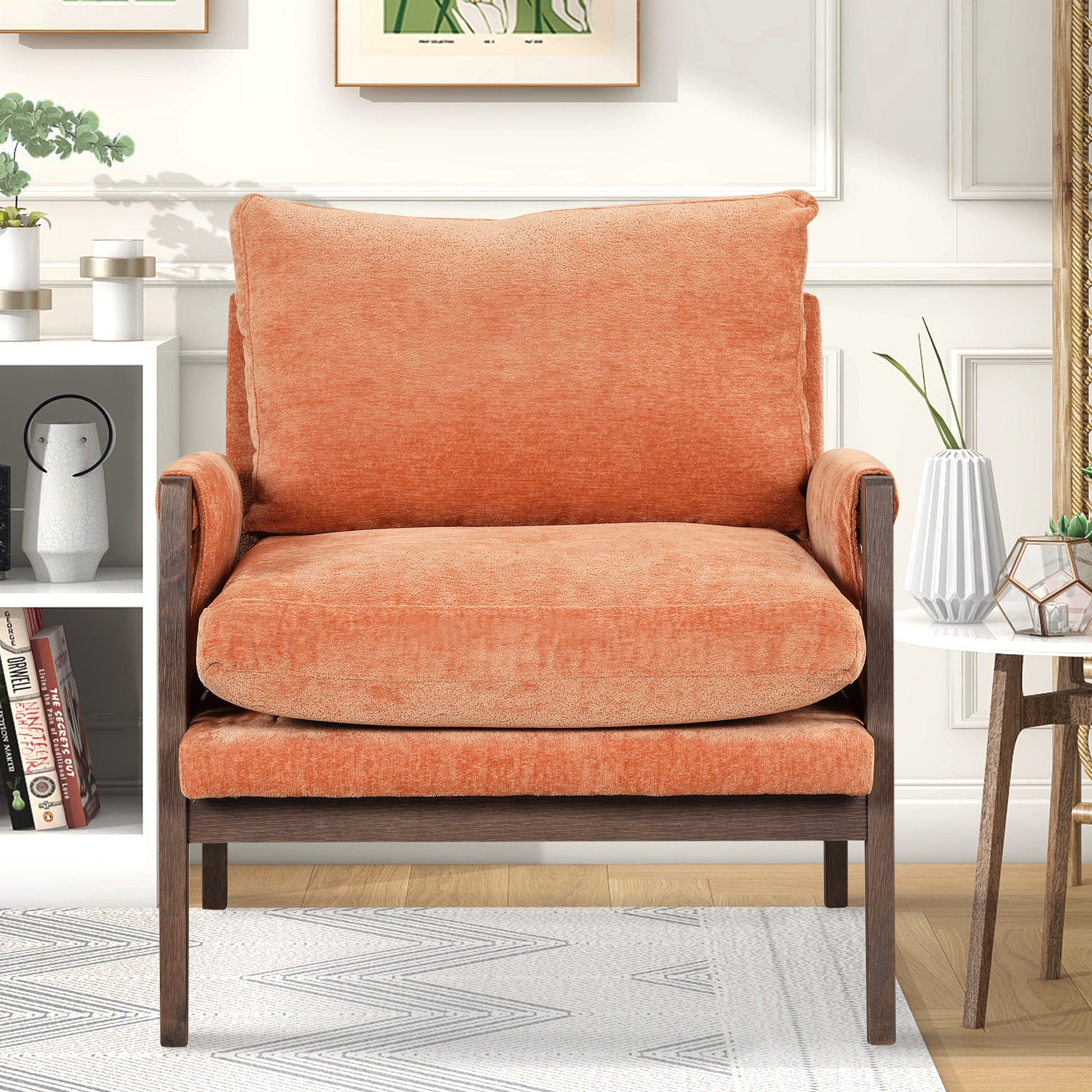 Mid-Century Modern Velvet Accent Chair,Leisure Chair with Solid Wood and Thick Seat Cushion for Living Room,Bedroom,Studio,Orange