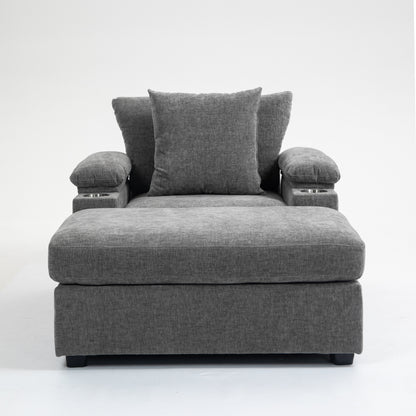 Modern Oversized Chair with Ottoman,Chenille Fabric Sofa Bed,Accent Chair Comfy Sofa with Cupholders and USB Charging Ports Chair for Living Room,Bedroom,Apartment