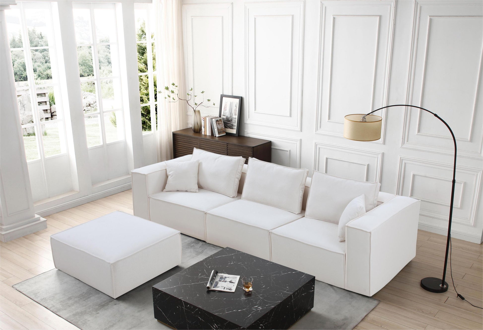 Modular Sectional Living Room Sofa Set, Modern Minimalist Style Couch with Ottoman and Reversible Chaise, L-Shape, White