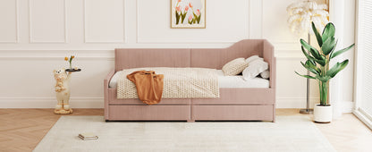 Twin Size L-Shaped Corduroy Daybed,Upholstered Bed Frame with 2 Storage Drawers,Pink