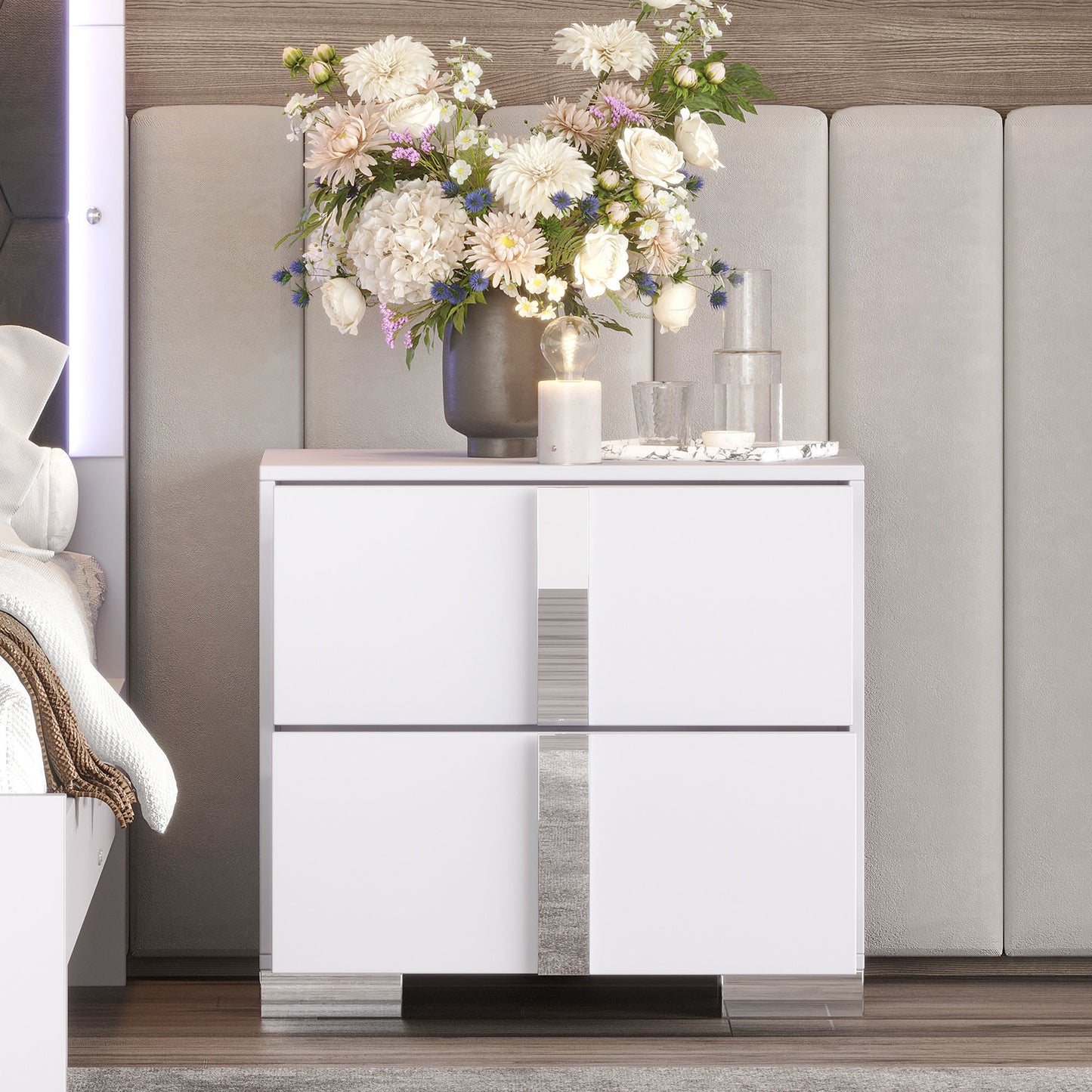 Elegant Nightstand with Metal Handle,Mirrored Bedside Table with 2 Drawers for Bedroom,Living Room,White