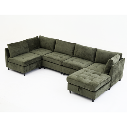 [NEW ARRIVED] [VIDEO PROVIDED]   Modular Sectional Couch with Storage Ottoman, U Shaped Sofa, Storage Ottoman,Minimalist ,Convertible Modular Sofa,Chenille ,Upholstered,6 Seat,Living Room,   Green