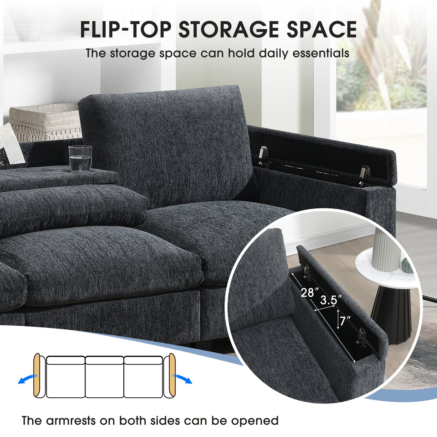 96*35''Chenille Sectional Sofa with Bluetooth Speaker,Comfy Cloud Couch Set with Drop Down Table,Cup Holders,USB Charger,Storage Armrest,Wide Seat Sofa for Living Room,Apartment,Office,3 Colors