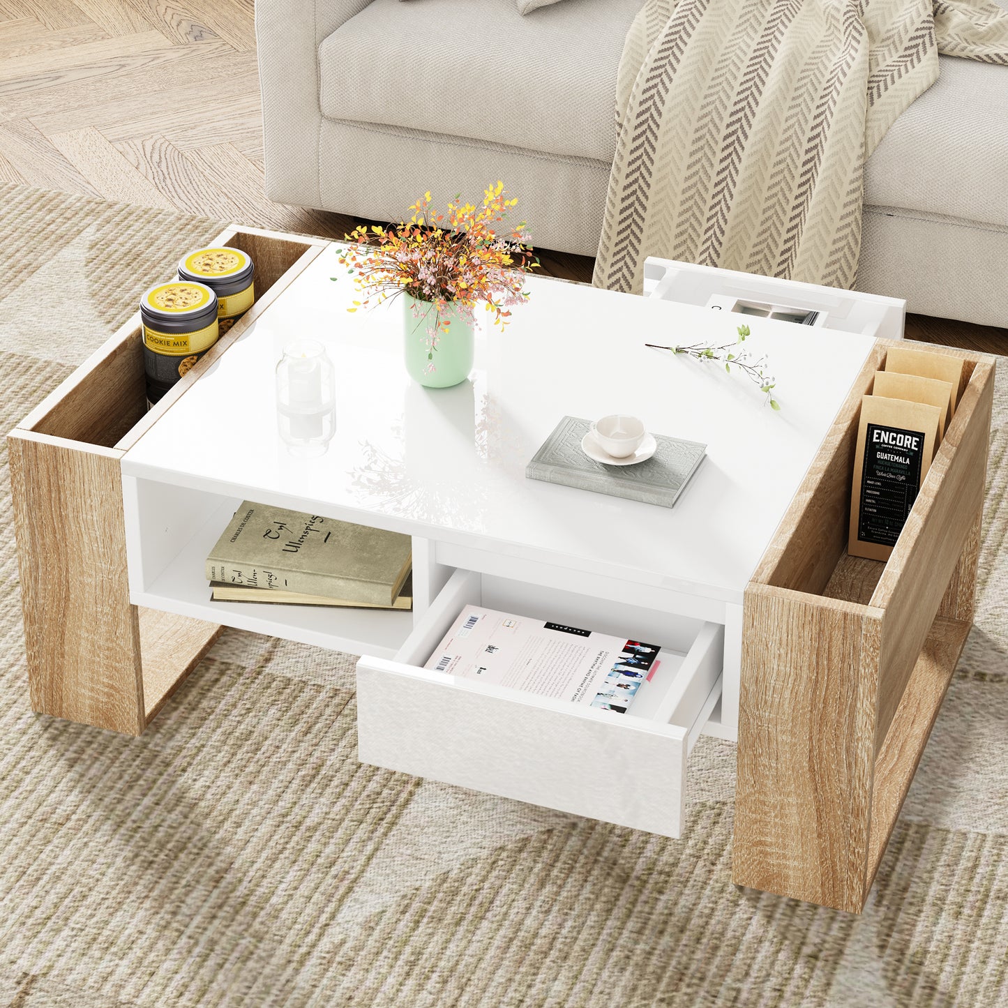 ON-TREND High Glossy Coffee Table with 2 Drawers, Practical Two Tone Center Table with Hidden Compartments, Rectangle Cocktail Table with Open Storage Shelf for Living Room, Bedroom, White, 41.3*23.6"