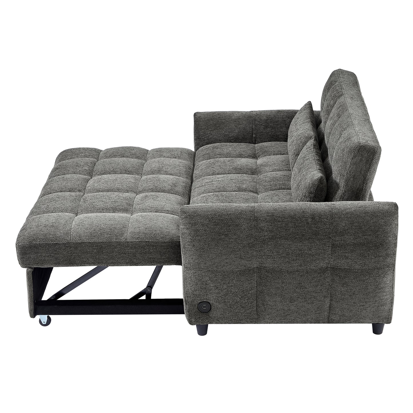 52.8" Loveseat Sofa Pull-out Sofa Bed Tufted Sleeper Sofa with an Adjustable Backrest, Three USB Ports and Two Lumbar Pillows for Living Room, Grey