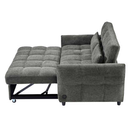 52.8" Loveseat Sofa Pull-out Sofa Bed Tufted Sleeper Sofa with an Adjustable Backrest, Three USB Ports and Two Lumbar Pillows for Living Room, Grey