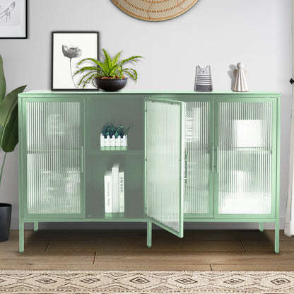 Stylish 4-Door Tempered Glass Cabinet with 4 Glass Doors Adjustable Shelf and Feet Anti-Tip Dust-free Fluted Glass Kitchen Credenza Light Green