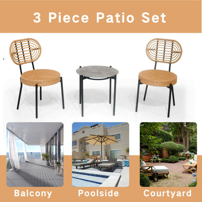 3 Pieces Of Luxury Outdoor Wicker Furniture - Patio Bistro Style Table And Chair Combination,Weather-resistant PE Wicker Weave, Stainless Steel Fame, Suitable For Garden, Terrace,Backyard Casua