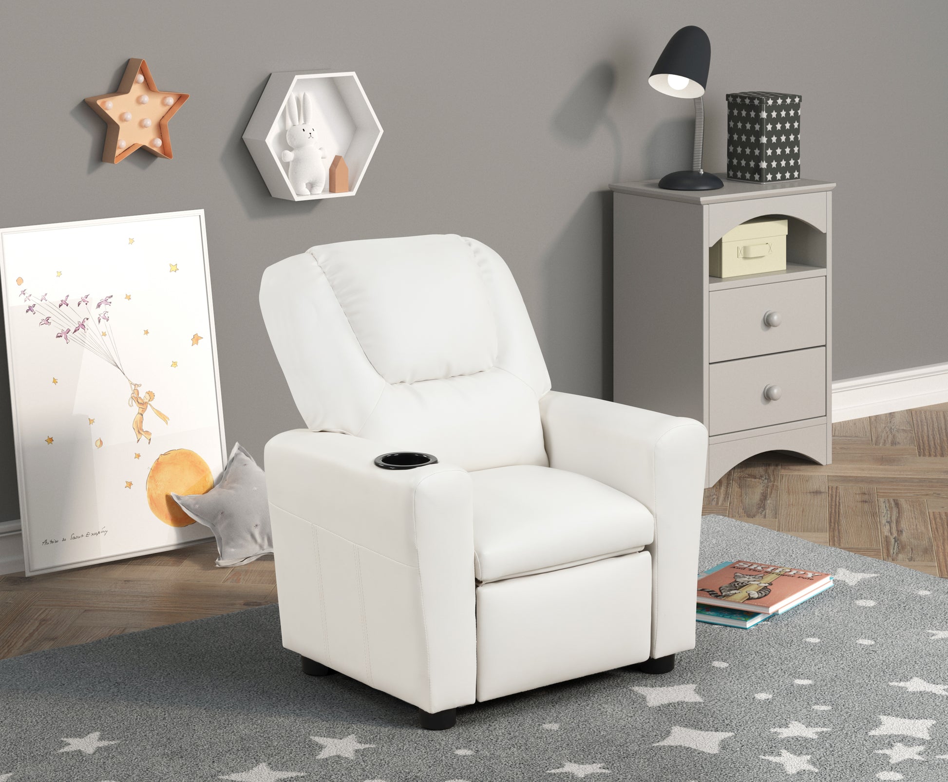 Marisa 22" White PU Leather Kids Recliner Chair with Cupholder