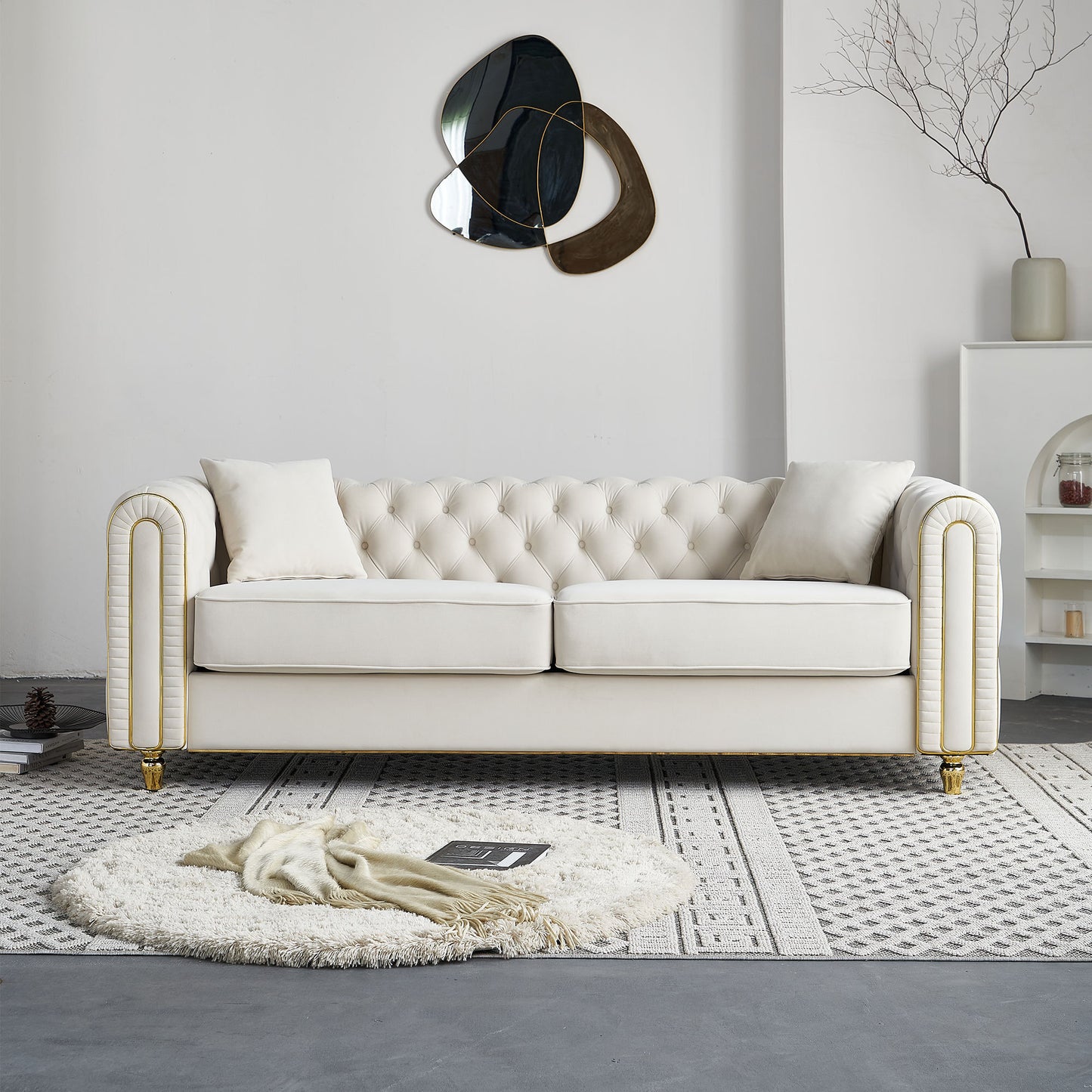 86'' W Luxury Modern Tufted Sofa  with 2pcs of toss pillows for Living Room ,Bedroom,Beige Color