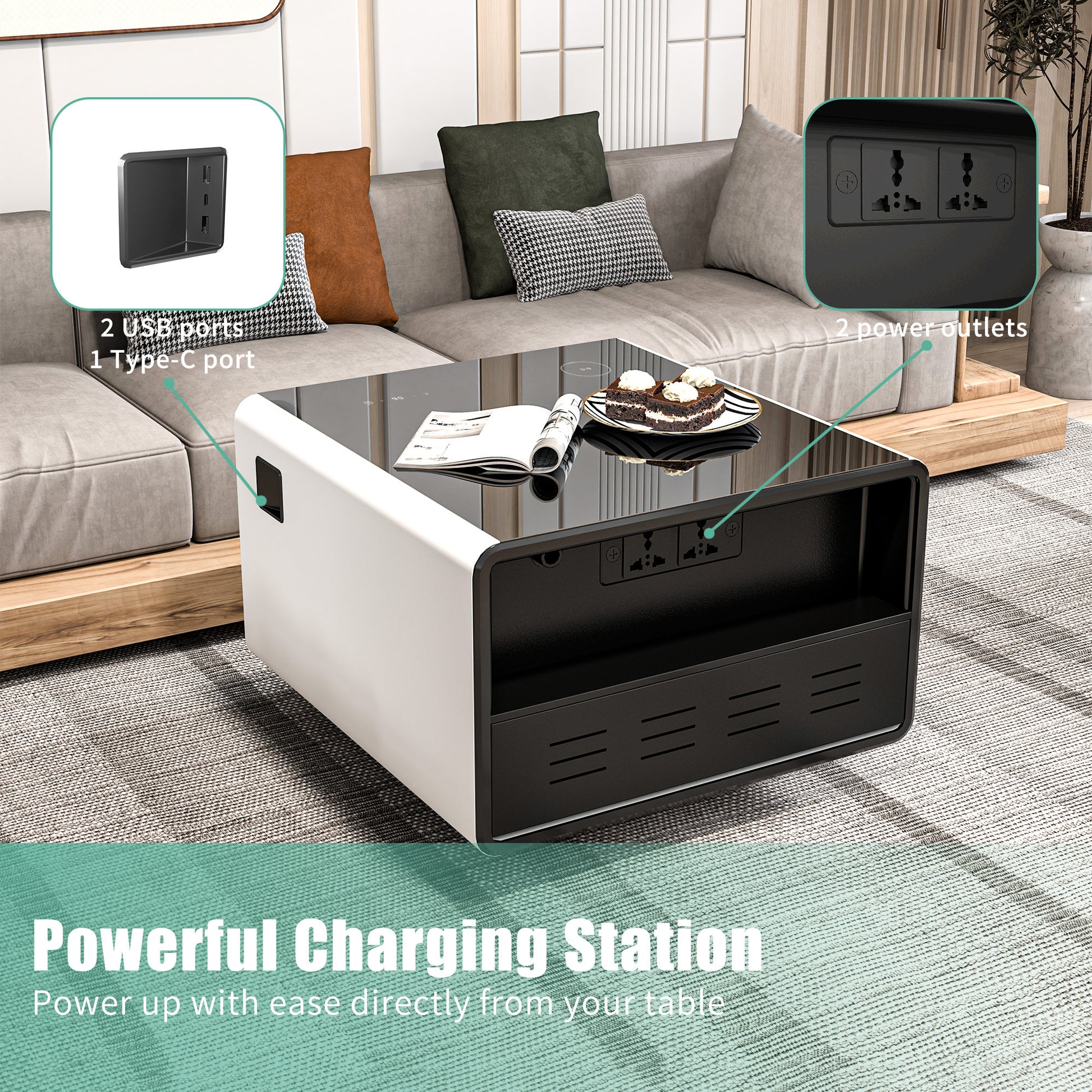 Modern Smart Side Table with Built-in Fridge, Wireless Charging, Temperature Control, Power Socket, USB Ports, Outlet Protection, Induction Light, White