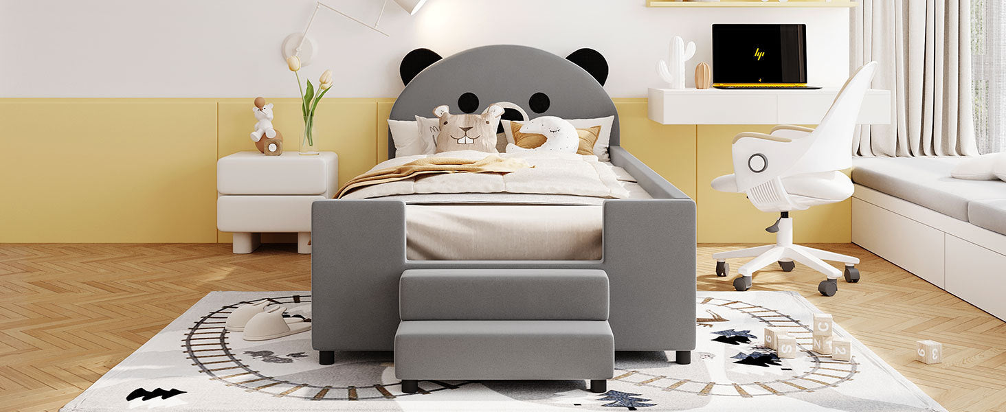 Twin Size Upholstered Daybed with Bear Shaped Headboard, Hydraulic System and Breathable Mesh Fence, Gray