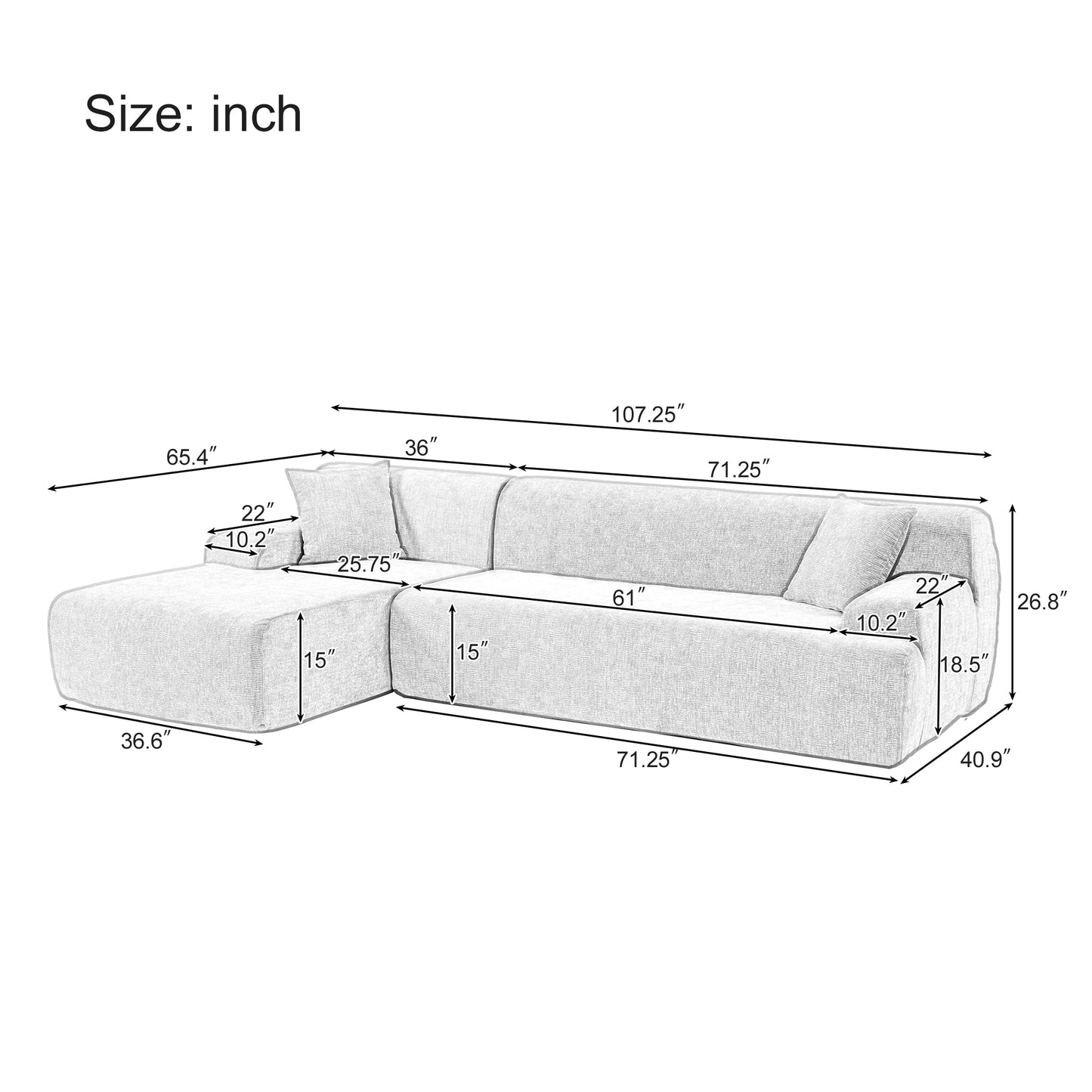 U_Style Modern Large L-Shape Modular Sectional Sofa for Living Room,  Bedroom, Salon, 2  Piece Free Combination, Simplified Style