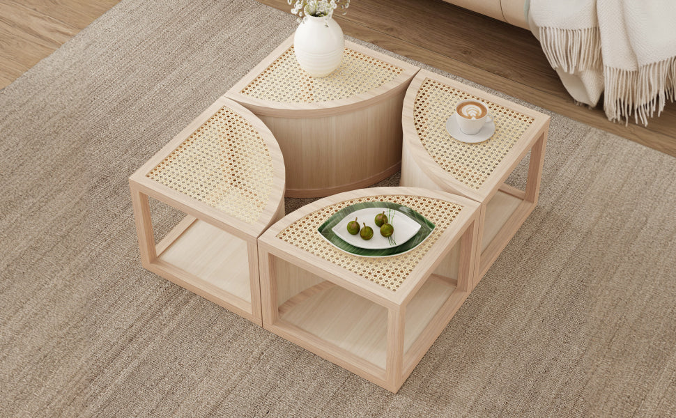 Round to Square Block Modular Coffee Table Light Natural Rattan with Storage 4 Piece