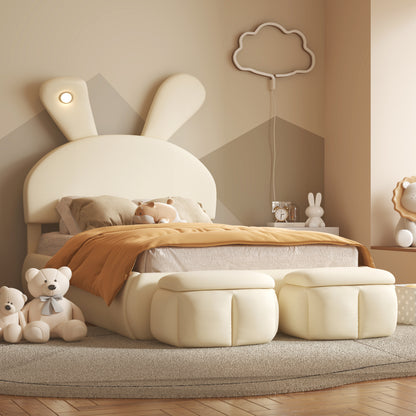 Twin Size Upholstered Platform Bed with Cartoon Ears Shaped Headboard and Light, Beige