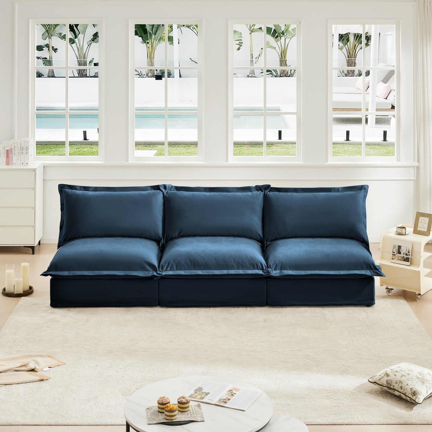 Modern Upholstered Modular Armless 3 Seater Sofa,Deep Seat 3- Seat Sofa Couch Armless Sofa Couch Free Combination, Chenille Fabric, Blue