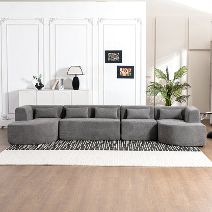 143.7" Upholstered Sofa Free-combined Sofa Couch with Two Chaise Lounge and Five Back Pillows for Living Room, Light Gray