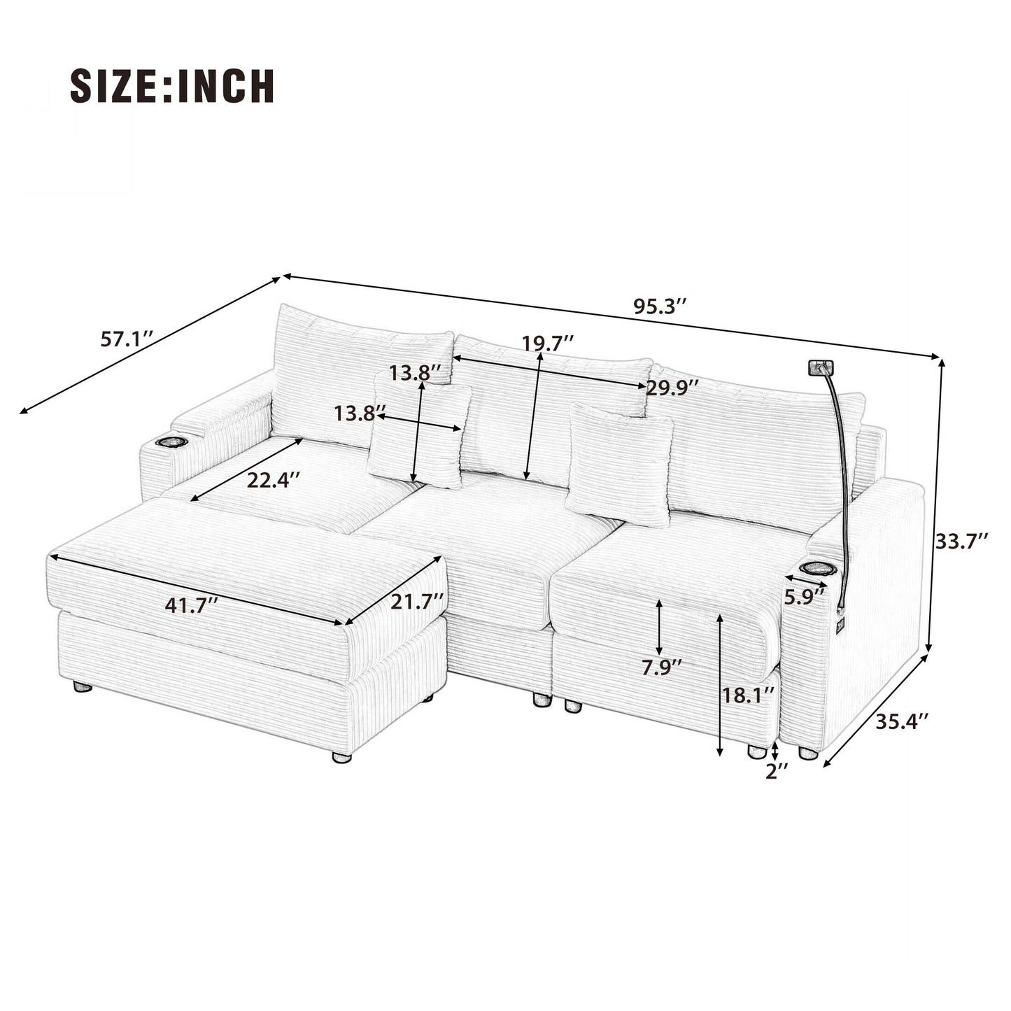 95.3" Modern Style 3-Seater Sofa Sectional Sofa Couch with Storage Space, A Movable Ottoman, Two USB Ports, Two Cup Holders, A Phone Holder for Living Room, Grey