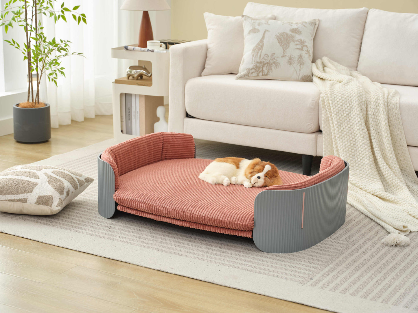 Scandinavian style Cat Couch Bed, Pet Sofa for Indoor Cats PP Indoor Pet Furniture Elevated Cat Beds with Removable Mattress Cover Suitable for Mid or Large  Animal Brand Design Grey+Pink