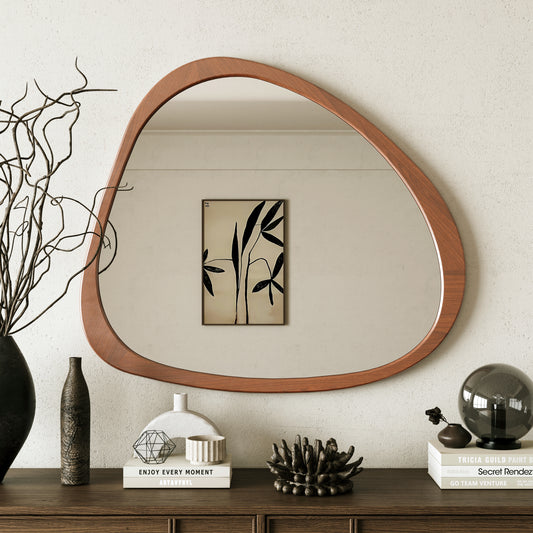 Solid Wood Mirror 45 Inch Asymmetrical Wall Mirror Wooden Framed Mirror Large Sized Dressing Mirror, for Living Room, Bedroom, Bathroom, Hallway or Entry Way