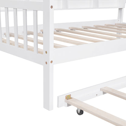 Wooden Twin Size House Bed with Trundle,Kids Bed with Shelf, White