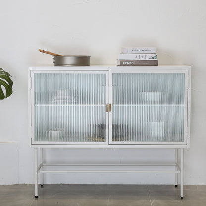 White Sideboard Storage Cabinet With Two Fluted Glass Doors Detachable Shelves Bottom Space for Living Room, Office, Dinging Room and Entryway