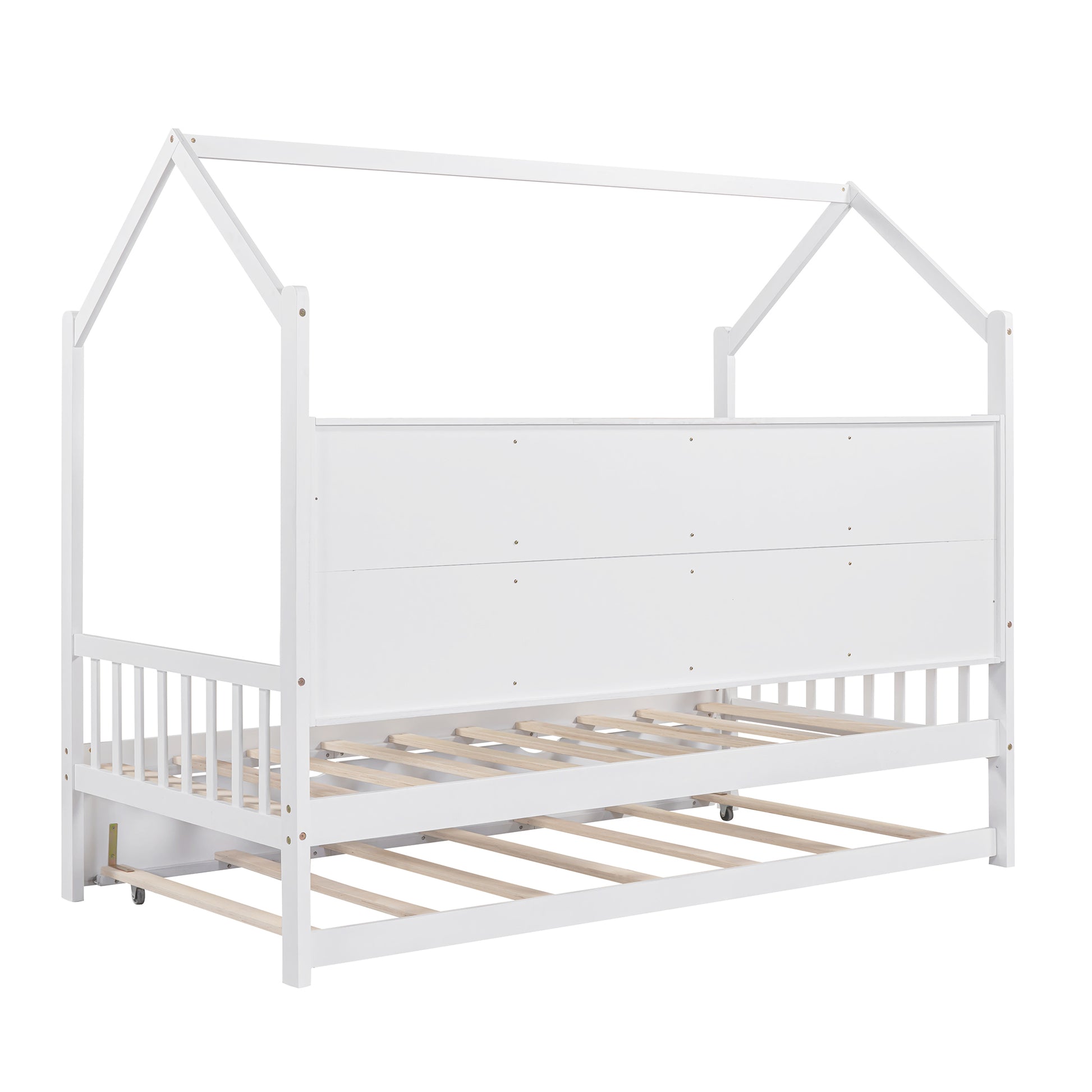 Wooden Twin Size House Bed with Trundle,Kids Bed with Shelf, White