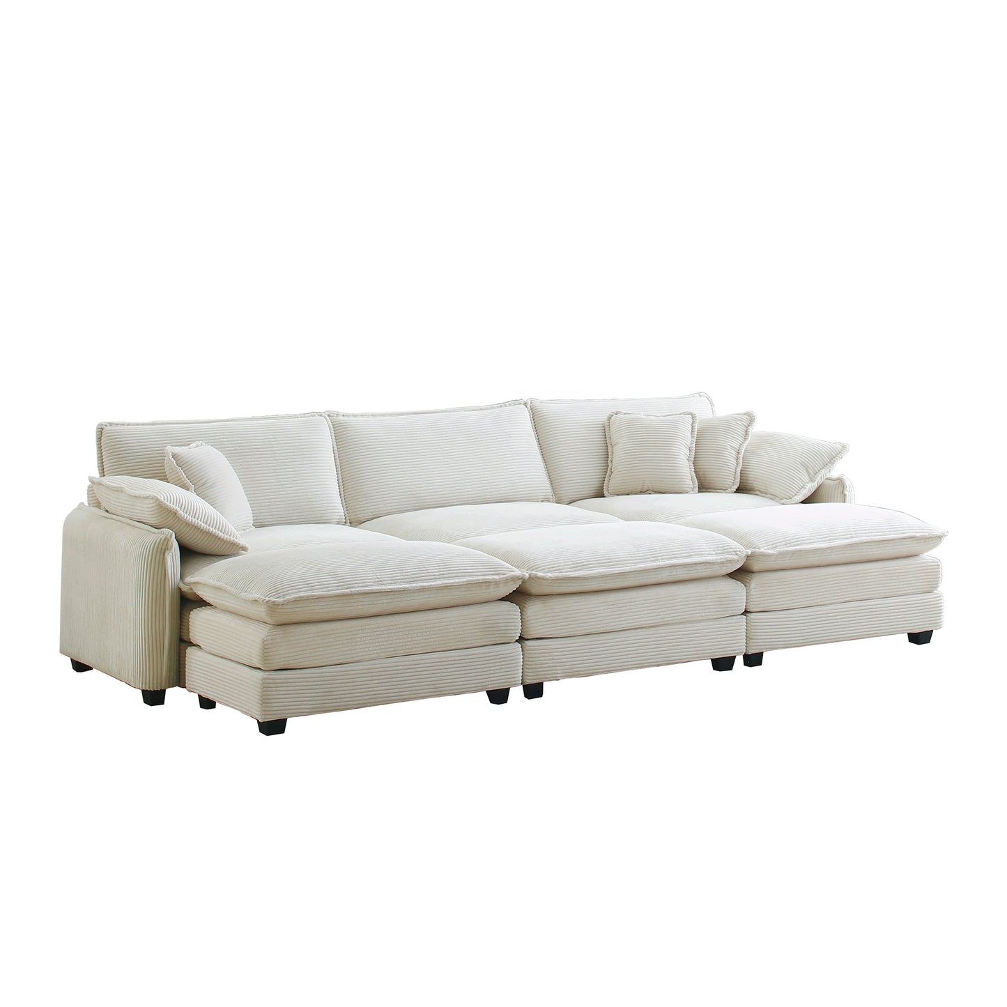 Oversized modular cushioned sofa,with 3 ottomans to work as sleeper sofa beds, 3-seater sofa with 3 footstools, Beige corduroy fabric