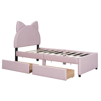 Twin Size Upholstered Platform Bed with Cartoon Ears Shaped Headboard and 2 Drawers, Pink